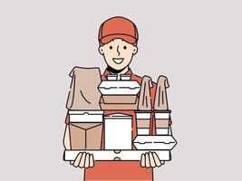 Smiling male courier with boxes in hands show good quality service. Happy deliveryman in uniform deliver order to customer. Vector illustration.