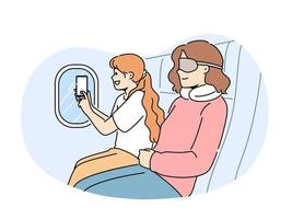 Smiling girl make picture on cellphone from plane window. Happy child photograph clouds in airplane illuminator. Vector illustration.