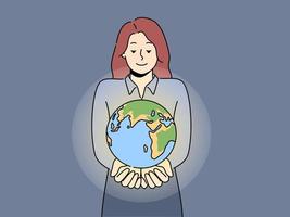 Smiling woman with planet earth in hands show care and love. Happy female teacher with globe. Nature conservation and protection. Vector illustration.