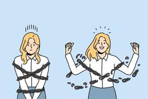 Smiling confident businesswoman break chain free from work slavery. Happy female get freedom from chain or burden. Vector illustration.