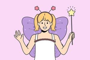 Smiling little girl in butterfly costume holding star fairy wand in hands. Happy kid in apparel for masquerade or party. Vector illustration.