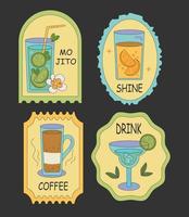 Groovy stickers of drink and coctails in glass. Retro drink coffee with ice and lime. vector