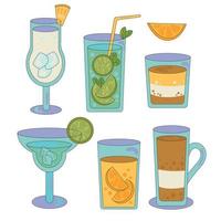 Groovy set of drink. Retro hippie cocktail and coffee on isolated background. vector