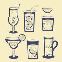 Groovy set of drink and cocktail in glass. Retro beverage mojito and pina colada, coffee with ice amd lime. vector