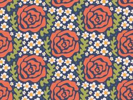 Groovy pattern with abstract rose and daisy flowers on black background. Modern naive groovy funky interior decorations, paintings. vector