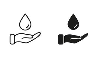 Water Drop with Hand Silhouette and Line Icon Set. Charity, Care, Save Ecology, Volunteering, Donate Symbol Collection. Save Water and Help for Poor and Homeless Icon. Isolated Vector Illustration.