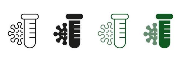 Medical Examination. Flu Disease, Coronavirus Laboratory Analysis. Blood Test Tube and Virus Bacteria Line and Silhouette Icon Set. Covid Pcr Test Symbol Collection. Isolated Vector illustration.