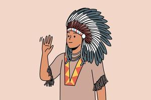 indio hombre en tradicional disfraz y sombreros ondulación Hola. nativo americano masculino en pluma sombrero decir saludo. cultura y tradición. vector ilustración.