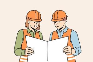 Smiling engineers in helmets study blueprint at site. Man and woman builders or developers with paperwork in hands. Teamwork, engineering. Vector illustration.