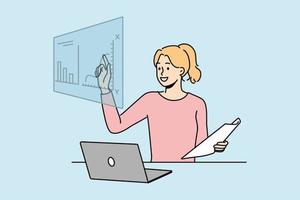 Smiling female employee sit at desk working on computer with financial graphs. Happy woman busy trading online on stock market. Vector illustration.