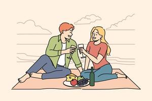 Happy couple sitting on blanket on seashore enjoying romantic date together. Smiling man and woman relax having romance on beach. Love and relationships. Vector illustration.