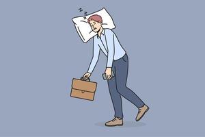 Tired businessman walk with head resting on pillow. Exhausted male employee suffer from fatigue and burnout. Vector illustration.