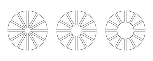 Wheels round divided in twelve sections. Outline donut charts or pies segmented on 12 equal parts. Diagrams infographic set. Circle section graph line art. Pie chart icon. Geometric elements. vector