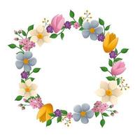 Spring design template with beautiful flowers. Delicate round frame with tulips and daffodils. Vector illustration on white background.