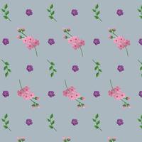 Spring seamless pattern with flowers on a blue background. Delicate pattern with cherry blossoms and green branch. Vector illustration.