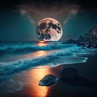 ilustración mágico Luna subir en el Oceano hecho con generativo ai foto