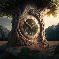 ilustración reloj de vida en un árbol hecho con generativo ai foto