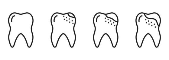 Dental Caries Process Line Icon Set. Orthodontic Teeth Problem. Tooth Disease Stages Linear Pictogram. Dentistry Outline Symbol. Dental Treatment Sign. Editable Stroke. Isolated Vector Illustration.