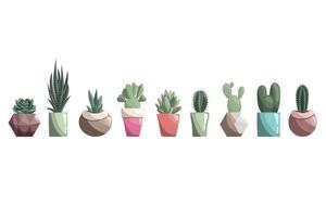 Different cacti in ceramic pots. Set of succulents, prickly pear, opuntia, haworthia, echeveria, zebra cactus, sansevieria vector