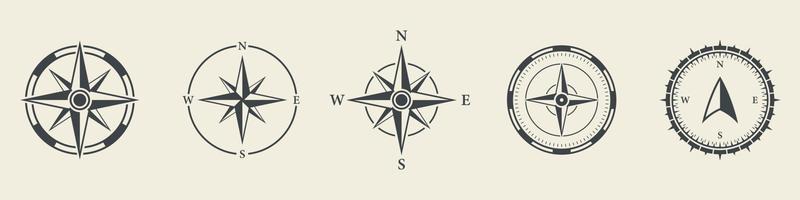 Rose Wind Navigation Retro Equipment Sign. Adventure Direction Arrow to North South West East Orientation Navigator Modern Pictogram. Compass Map Silhouette Icon Set. Isolated Vector Illustration.