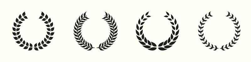 Laurel Wreath Silhouette Icon Set. Vintage Olive Leaves Symbol. Champion's Trophy. Circle Leaf Award for Winner Glyph Pictogram. Victory and Prize Sign. Triumph Emblem. Isolated Vector Illustration.