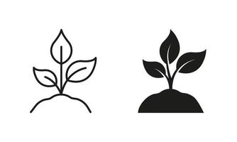 Eco Friendly Farm Symbol Collection. Sprout of Plant in Ecology Garden. Eco Natural Seed, Agriculture Line and Silhouette Icon Set. Organic Growth Leaf on Soil. Isolated Vector Illustration.