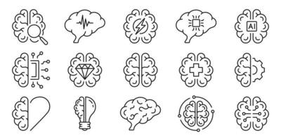 Artificial Intelligence, Human Mind, Brainstorm, Stress Symbol Collection on White Background. Human Brain AI Concept Black Line Icon Set. Editable Stroke. Isolated Vector Illustration.