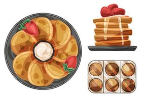 A set of painted pancakes from different angles. Additives in the form of sour cream and strawberries. Eggs vector