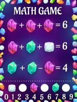 Math game worksheet with cartoon gems and crystals vector