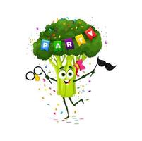 Cartoon broccoli vegetable character on party vector