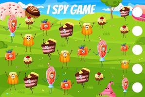 I spy game worksheet cartoon candy, pastry or cake vector