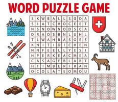 Switzerland and swiss items word search puzzle vector