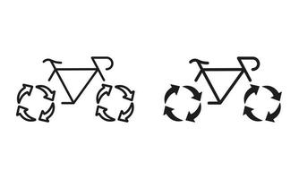 eco simpático transporte línea y silueta icono colocar. bicicleta con reciclaje ruedas signo. reutilizando verde energía bicicleta símbolo recopilación. ecología transporte. aislado vector ilustración.