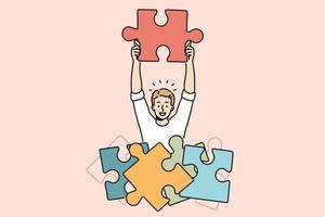 Smiling man with jigsaw puzzles brainstorm find solution to business problem. Happy male employee connect puzzles look for solution. Vector illustration.