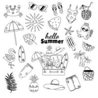 Summer set  outline cartoon kawaii elements cute flat doodle style vector