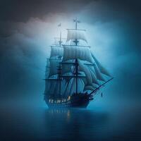 illustration an old ghost sailing ship in the blue mist on the sea made with photo
