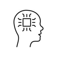 Human Head and Technology Chip Linear Pictogram. AI, Innovation Neuroscience Concept Outline Icon. Artificial Intelligence Line Icon. Editable Stroke. Isolated Vector Illustration.