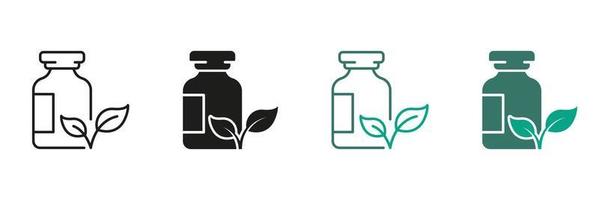 Herbal Medicine Line and Silhouette Icon Set. Pharmaceutical Organic Ingredient in Bottle Pictogram Collection. Medical Product Black and Color Symbol Collection. Isolated Vector Illustration.