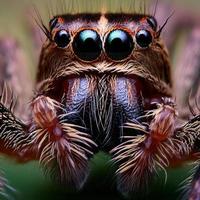 Jumping spiders are small, agile predators known for their impressive jumping ability and striking appearance, with large, intelligent eyes. photo