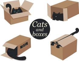 conjunto de gracioso ilustraciones de un negro gato en un cartulina caja. mascota en el casa. gato ocultación en un caja. plano estilo vector imagen