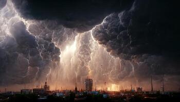 illustration of a thunderstorm cell over a city photo