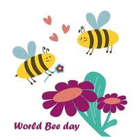 Two bees in love fly towards each other. World Bee Day. Cartoon character. For postcard, invitation or design. Flat vector illustration