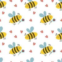 Seamless pattern with bees and hearts. World Bee Day. For textile, canvas, background or wrapping paper. Flat vector illustration