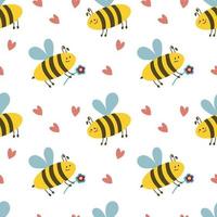 Seamless pattern with bees and hearts. World Bee Day. For textile, canvas, background or wrapping paper. Flat vector illustration