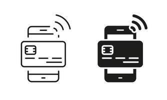 tarjeta de crédito con línea de pago inalámbrica de teléfono móvil y conjunto de iconos de silueta. pictograma de tecnología de banco electrónico. aplicación de teléfono inteligente para la colección de símbolos de pago. ilustración vectorial aislada. vector