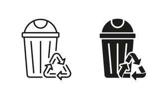 Recycling Bin for Organic Garbage Symbol Collection on White Background. Basket for Recycle Waste Line and Silhouette Icon Set. Eco Reuse Container Pictogram. Isolated Vector Illustration.