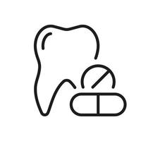Teeth and Pills, Dental Painkiller Line Icon. Capsule for Oral Disease Linear Pictogram. Tooth Medicine. Dentistry Outline Symbol. Dental Treatment Sign. Editable Stroke. Isolated Vector Illustration.