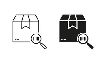 Barcode on Parcel Box with Magnifier Scanner Silhouette and Line Icon Set. Search Product Bar Code on Cardboard Package. Find Tracking Number Icon. Editable Stroke. Isolated Vector Illustration.