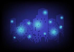 Digital building city illustration with glowing lights vector background