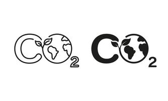 CO2 Sign with Globe and Leaf Line and Silhouette Icon Set. Reduction Emission. Carbon Pollution on Earth Symbols on White Background. Sustainability Climate. Isolated Vector Illustration.